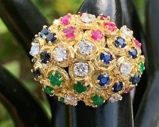 14K Yellow Gold Ring-Diamonds, Emerald, Ruby, Sapphires