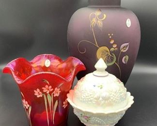 3 Pieces of Hand Painted Fenton Glass Signed by Artist