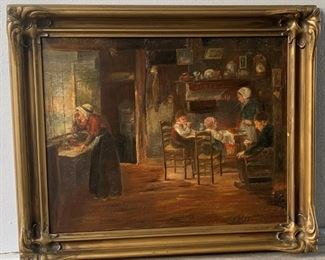 Large Oil on Canvas Painting - Colonial Interior Scene