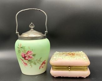 Victorian Glass Biscuit Jar/ Porcelain Dresser Box