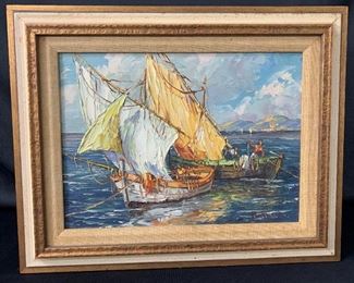 Oil on Board Painting by Raoul About "Harbor Scene"