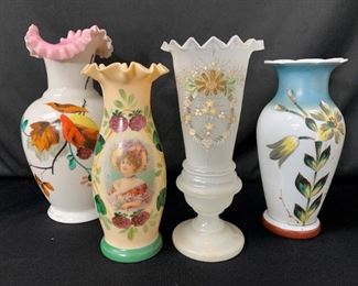 4 Victorian Hand Blown - Hand Painted Vases
