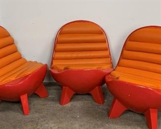 3 Molded Modern Fiberglass/Vinyl Orange & Red Chairs