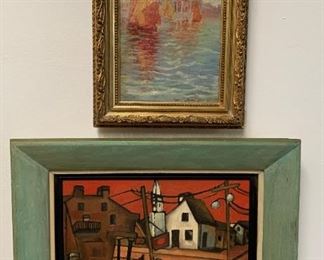 2 Oil on Board Paintings - Harbor Scene & Inner City