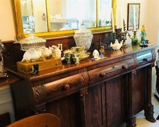 Amazing antique tall flame mahogany carved wood sideboard
