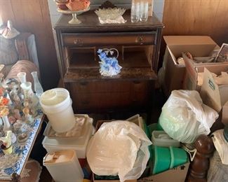Old secretary dresser, a bunch of old Tupperware