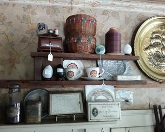 Sewing notions, Fanny Farmer Box, Bates College memorabilia, brass plate w/ship decor