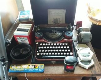 Underwood Typewriter, Pencil Sharpeners, Handmade Maine coasters, Vintage Child's Paint Set, 8 Track tapes