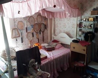 Tennis racquets, Little girl's pink canopy bed 60's