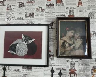 Framed cat art new and old