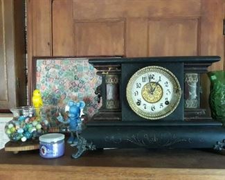 William Gilbert mantel clock, marbles, Minnie Mouse, Stamp collage
