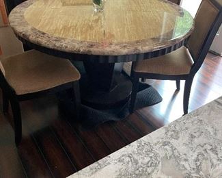 STONE TOP PEDESTAL TABLE WITH 4 CHAIRS AND MATCHING SIDEBOARD