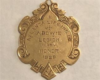 2. 14kt 1929 Engraved Atlanta Life Insurance Honor Badge Pendant