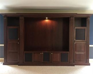 8. Custom Entertainment Center with Mesh Doors and Electric Projection Holder
