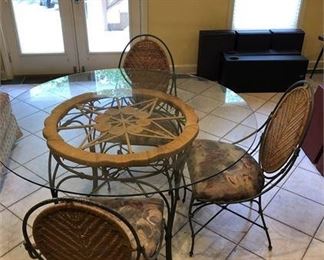 85. Metal Verdegris Finished Metal and Cane Dining Table