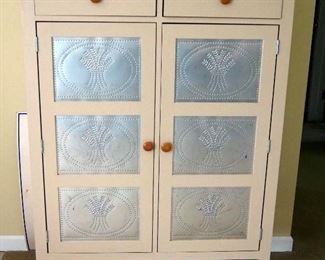 Solid Wood Pie Safe With Punched Tin Panel Doors And Dovetail Construction, 53" x 40.25" x 18"