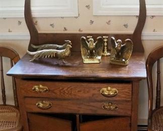 Antique Solid Oak 2 Drawer Wash Stand On Caster Wheels, 56" x 32" x 18"