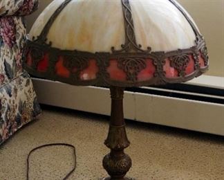 Antique Slag Glass Tiffany Style Lamp, 24" Tall, Shade 16" Diameter
