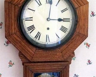 Antique Regulator Octagonal Pendulum Clock With Key, 24" x 15.5"