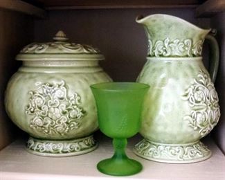 Dubois Design Toscano Green Cookie Jar, Water Pitcher With Crackle Finish, And Green Grass Goblet