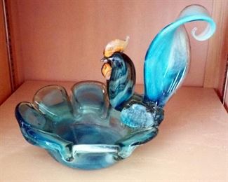 Art Glass Rooster Bowl, Glass Cannister With Lid, Base, And More