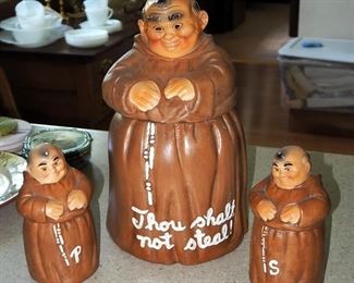 Twin Winton Friar Monk Ceramic Cookie Jar With Matching Salt And Pepper Shakers, 12" Tall