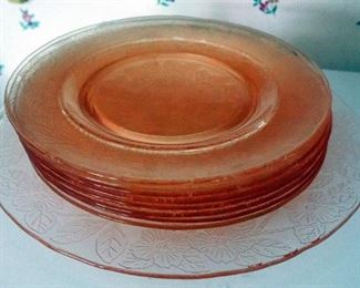 Vintage Pink Depression Glass Dishes Including Sherbet Bowls, Dessert Plates, Serving Plate, And Bowl, Qty 14