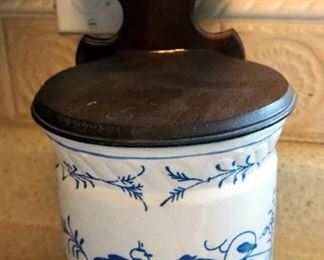 Antique Salt Box Crocks, One With Wood Lid And Beaumont Brothers Pottery Plates, Qty 2
