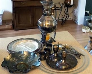Duchin Creation Weighted Sterling Silver Candle Sticks, Sherdin Silver Plate Carafe, Napkin Rings, Flatware, Serving Trays, And Carnival Glass Bowl