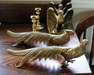 Vintage Brass Pheasants, Male And Female, Bicentennial Brass Eagle Bookends, And Baldwin Brass Candle Sticks