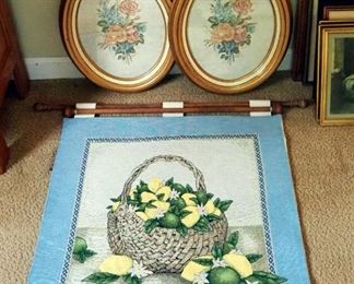 Hanging Fruit Basket Tapestry 28" x 33" With Hanging Dowels And Framed Quadri Oval Floral Prints Qty 2, 17.25" x 14.5"