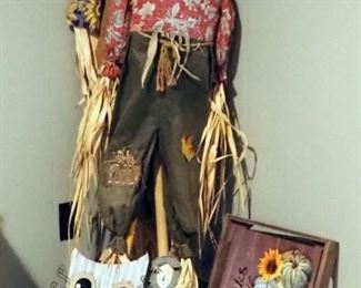 Scarecrows, Grass Wreath, Tin Owl And Scarecrow, And Give Thanks Wall Hanging