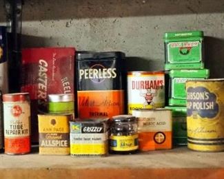Collectible Automotive Tin Canisters, Casters Kit, Sunico Refrigeration Oil, Tube Repair Kit, Boric Acid, And More