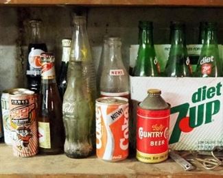 Vintage Glass Soda Bottles And Beer Cans, Including Bottle Opener Assortment