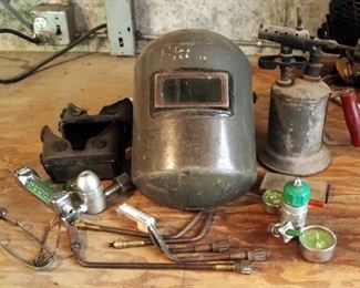Vintage Blowtorch, Welding Hood And Goggles With Replacement Glass, Oxygen Pressure Gauges And Torch Tips