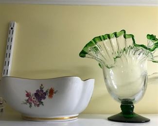 Assorted serving pieces and decorative items.