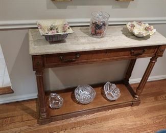 marble  top  library  table by  Thomasville  It  is  12" deep-  40"  wide  and  30"  tall.