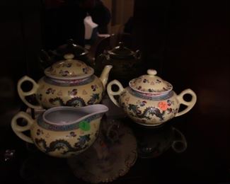 asian teapot, sugar bowl and creamer