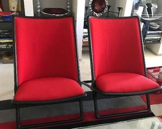 Ward Bennett Scissor Chairs, 2 available. Black waxed ash frame, red fabric.