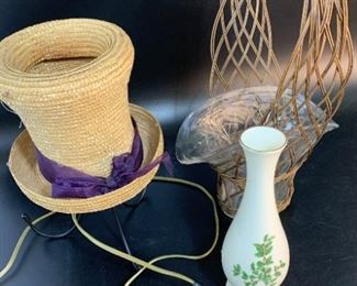 Lenox Vase, Hat Lamp, Glass & Woven basket