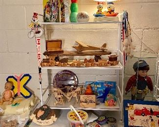 Vintage children's toys, books & bedroom lamp.