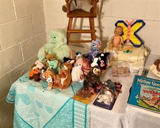 Beanie Babies & vintage wood doll's high chair.