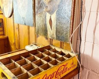 VIntage wood yellow Coca Cola crate.