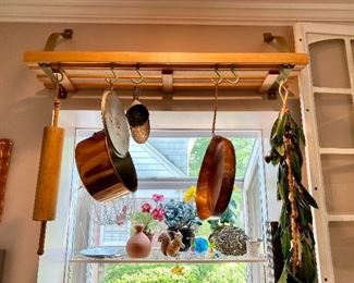 Copper pans and jello molds.  Wall mount pots & pans rack for sale also!