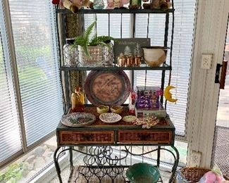 Gorgeous iron and wicker baker's rack/ shelving unit with drawers & lots of cute decor.