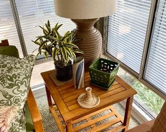 Eucalyptus wood end table with lower shelf.
