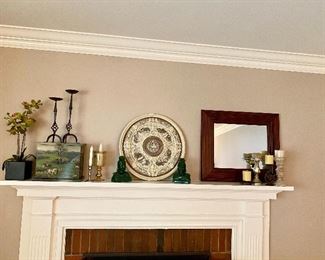 Incolay stone decorative plate, candle sticks & mantel decor.