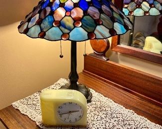 Westclox Moon Beam clock and Tiffany-style lamp.