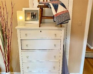 Painted white 5-drawer dresser & child's chair.