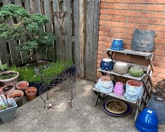 Wire planter & terra cotta pots.